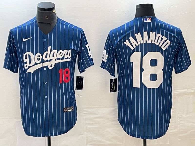 Men Los Angeles Dodgers #18 Yamamoto Blue stripe Nike Game MLB Jersey style 8